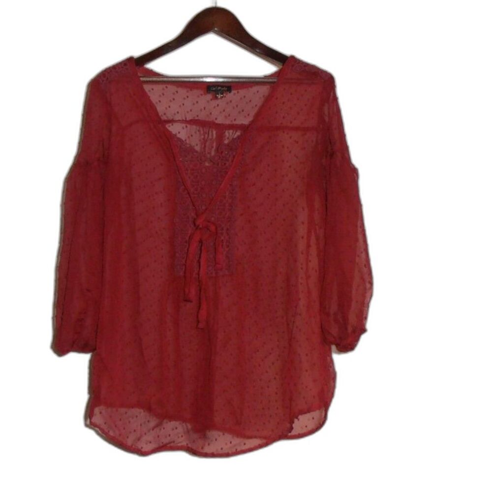 🟢 CalStyle Burnt Orange Sheer Swiss Dot Peasant Blouse Tie Front Sz L
